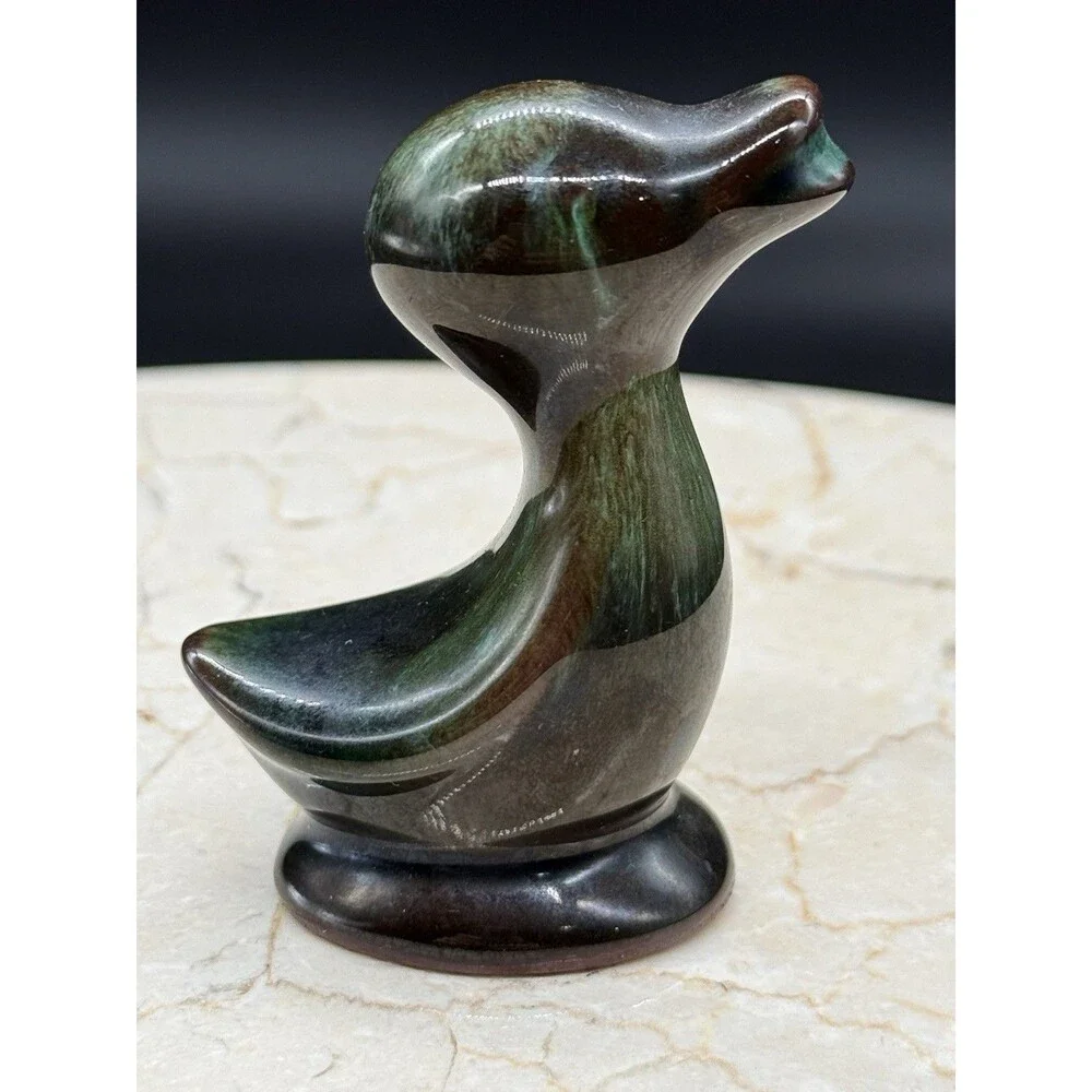 Vintage Blue Mountain Pottery Duck Figurine Green Black Glaze Canada MCM 3”